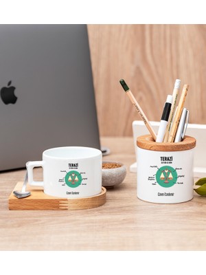 Hediye Dükkanı Kişiye Özel Terazi Burcuna Hediye Ahşap Altlıklı Fincan ve Kalemlik