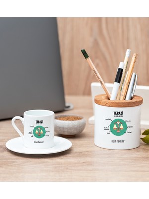Hediye Dükkanı Kişiye Özel Terazi Burcuna Hediye Beyaz Türk Kahvesi Fincanı ve Kalemlik