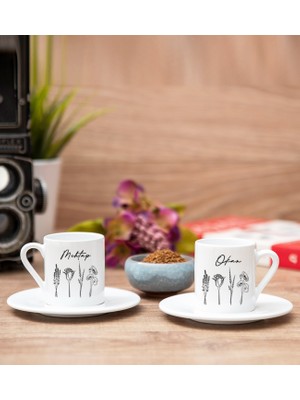 Hediye Dükkanı Kişiye Özel Karakalem Çizimli Çiçekler Ikili Beyaz Türk Kahvesi Fincanı