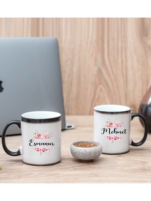 Hediye Dükkanı Kişiye Özel Çiçek Çerçeveli Isimli Ikili Sihirli Kupa Bardak