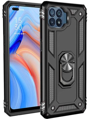 Microcase Oppo Reno 4 Lite Anka Serisi Yüzük Standlı Armor Kılıf - Siyah