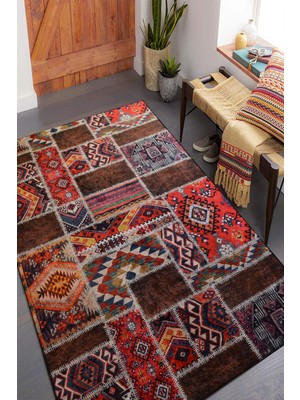 Decomia Home Dijital Baskılı Kaymaz Dot Taban Makinede Yıkanabilir Modern Patchwork Desenli Halı -D3009