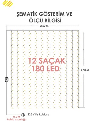 Trendpoint 2.5 x 2.5 Metre 8 Fonksiyonlu Perde LED 12 Saçaklı 180 Ledli Kablolu Fişli