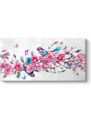 Tabloshop Pembe Çiçekli Dalda Kuşlar Tablosu