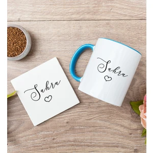 Hediye Dükkanı Kişiye Özel El Yazısı Tasarımlı Isimli Mavi Kupa Bardak ve Bardak Altlığı