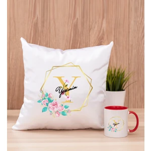 Hediye Dükkanı Kişiye Özel Geometrik Yaldız Tasarımlı Isimli Kırmızı Kupa Bardak ve Kare Yastık