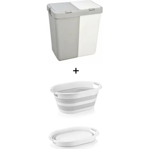 Ego Home Gri Beyaz Motek Ikili Dokunmatik Kirli Çamaşır Sepeti +Katlanır Çamaşır Sepeti Çamaşır Selesi