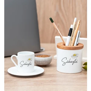 Hediye Dükkanı Kişiye Özel Papatya Tasarımlı Isimli Beyaz Türk Kahvesi Fincanı ve Kalemlik