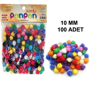 100 Adet, Simli Ponpon, 10 Mm, Renkli Peluş Ponpon, Minik Ponpon