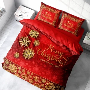 Yılbaşı Süsü Merry Christmas Çift Kişilik 3D Nevresim Takımı Pamuk Saten Kırmızı