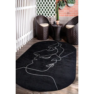 Decomia Home Dijital Baskılı Kaymaz Dot Taban Makinede Yıkanabilir Siyah Yüz Çizimli Oval Halı Yoluk Salon HALISI-D575