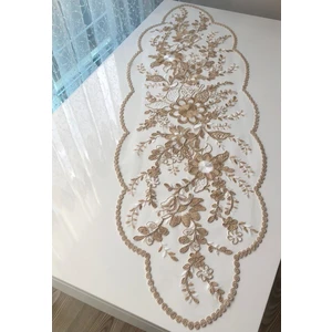 Kordone Nakışlı Tül Runner Örtüsü (Kahve-Krem)