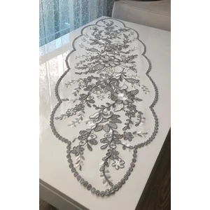 Kordone Nakışlı Tül Runner Örtüsü (Gri-Krem)