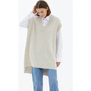 V Yaka Uzun Triko Süveter - Açık Bej
