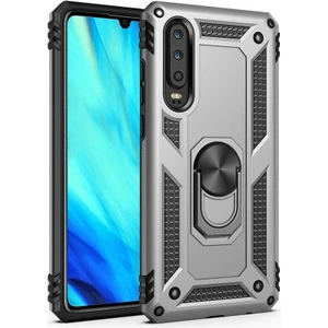 Huawei P Smart Pro 2019 Kılıf Tank Koruma Vega Standlı Yüzüklü Mıknatıslı Gümüş