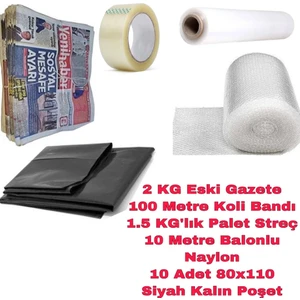 Özkan Ambalaj 5li Taşınma Seti 100M Koli Bandı-2kg GAZETE-10M Balonlu Naylon -10 Adet Kalın Poşet-1.5kg'lık Streç