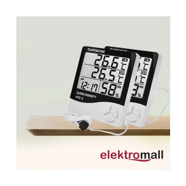 Elektromall Htc-2 Dijital Termometre Saat Nem ve Sıcaklık Ölçer Iç Dış Mekan 2
