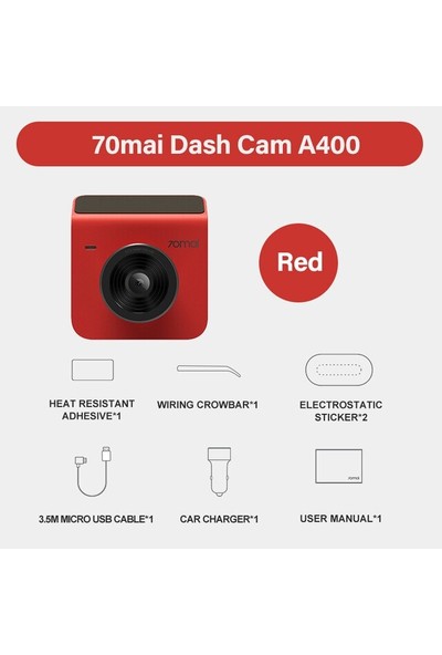 70MAI A400 Dashcam 1440P Quad Hd 2k 145° Açılı Gece Görüşlü Araç Kamerası Kırmızı