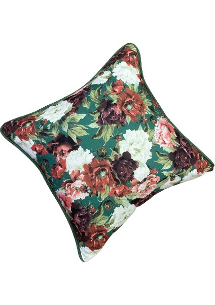 Tuğçe Demir Home Desıgn Yeşil Taban Çiçek Desen Dekoratif Kırlent İç Dolgulu 43X43