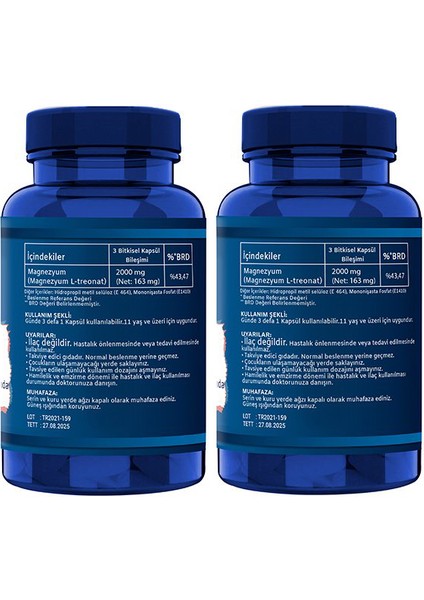 Magnezyum Magnesium L-Threonate Vejeteryan 2 x 90 Bitkisel Kapsül