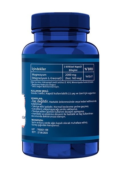 Magnezyum Magnesium L-Threonate Vejeteryan 2 x 90 Bitkisel Kapsül