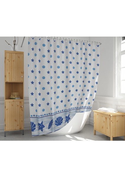 Banyo Perdesi 4910 Mavi Çift Kanat 2x110x200cm Duşakabin Perdesi Halka Hediyeli