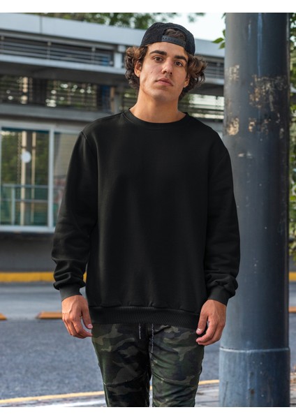 Siyah Oversize Bisiklet Yaka Sweatshirt