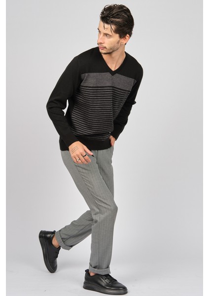 Erkek Desenli V Yaka Yün Kazak 0249640 Siyah fiyatları