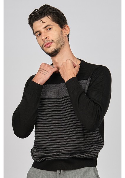 Erkek Bisiklet Yaka Desenli Yün Kazak 0249639 Siyah