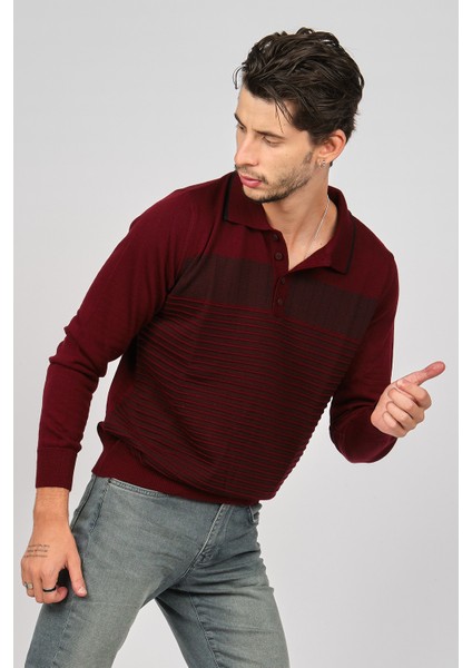 Erkek Desenli Polo Yaka Yün Kazak 0249642 Bordo