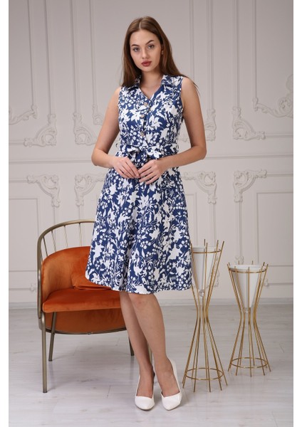 Kadın Düğme Detaylı V Yaka Cotton Elbise 4405 Boy 105