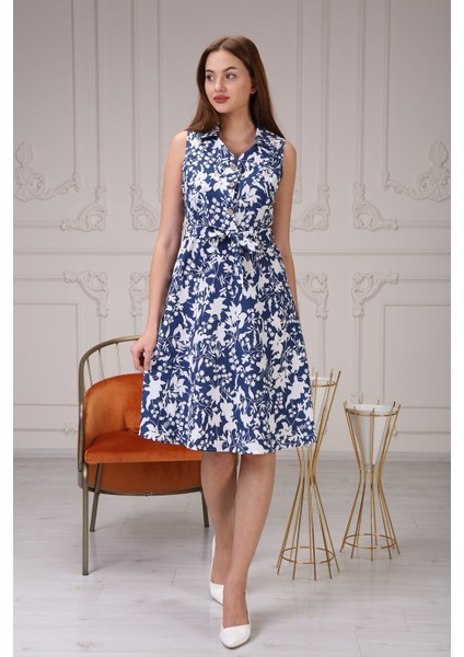 Kadın Düğme Detaylı V Yaka Cotton Elbise 4405 Boy 105
