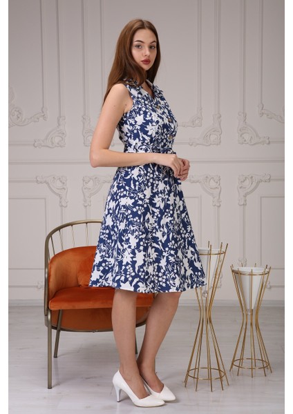 Kadın Düğme Detaylı V Yaka Cotton Elbise 4405 Boy 105