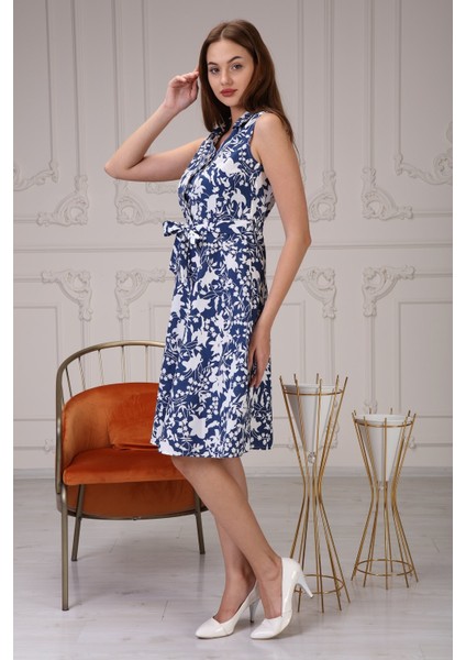 Kadın Düğme Detaylı V Yaka Cotton Elbise 4405 Boy 105