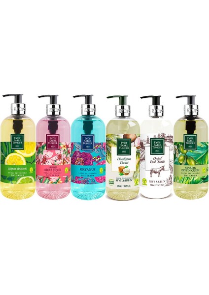 Sıvı Sabun Seti Eşek Sütlü, Ayvalık Zeytin Çiçeği, Çeşme Limonu, Japon Kiraz Çiçeği, Okyanus, Hindistan Cevizi 500 ml