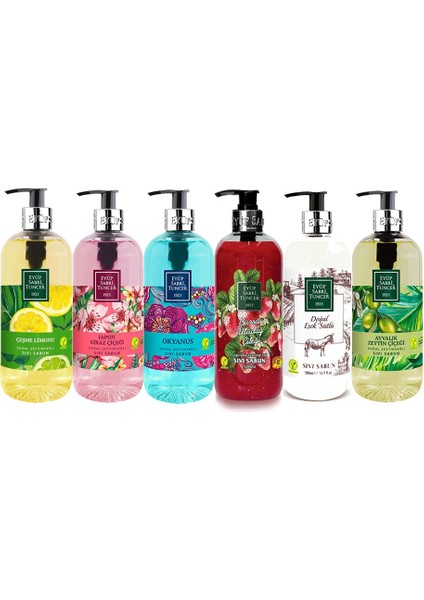 Sıvı Sabun Seti Uludağ Çileği, Eşek Sütlü, Ayvalık Zeytin Çiçeği, Çeşme Limonu, Japon Kiraz Çiçeği, Okyanus 500 ml