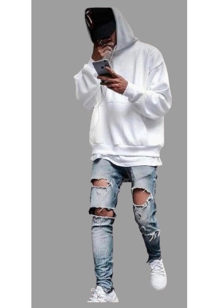 Oversize 4 Iplik Içi Komple Pamuk Çok Kalın Kapüşonlu Erkek Hoodie-Sweatshirt