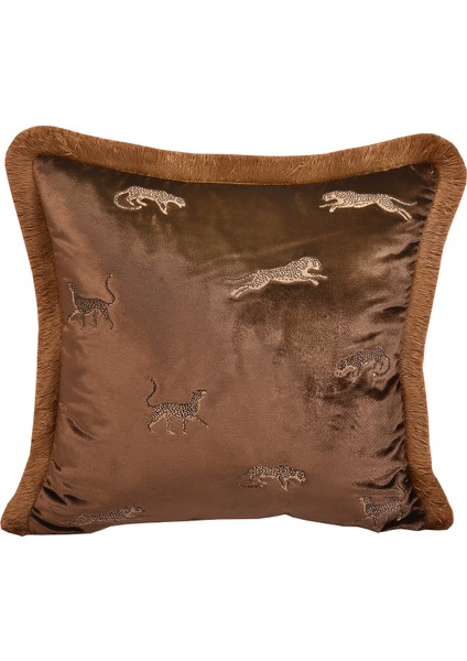 Leopar Desenli Yastık Kılıfı - Dekoratif Kahverengi Kadife Kırlent