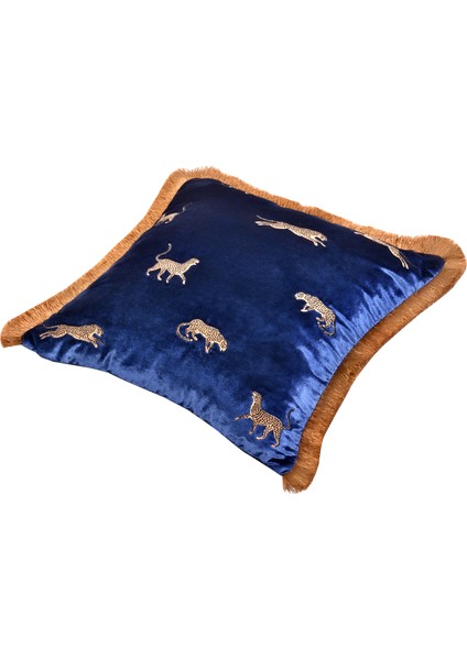 Leopar Işlemeli Laciverti Kadife Yastık Kılıfı 45 X 45 fiyatları