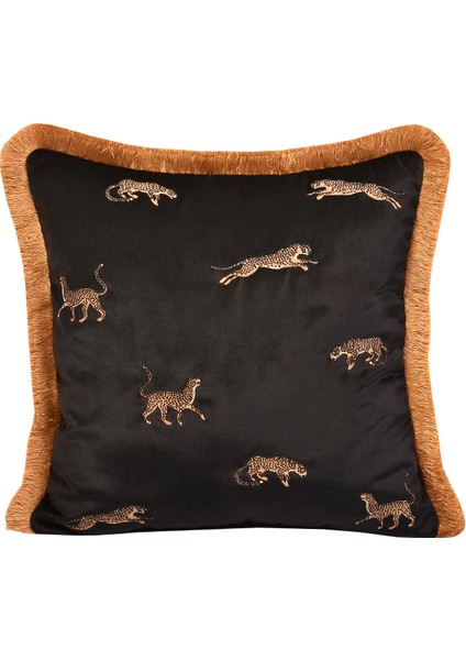 Leopar Işlemeli Siyah Kadife Yastık Kılıfı 45 X 45