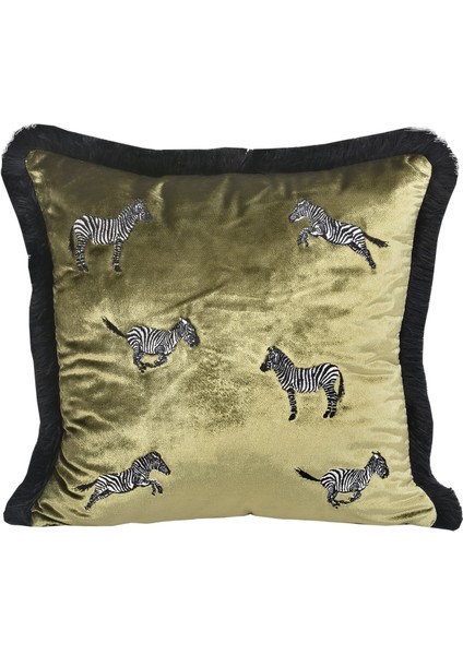 Zebra Desenli Dekoratif Yastık Kılıfı - Zeytin Yeşili Kadife Kırlent