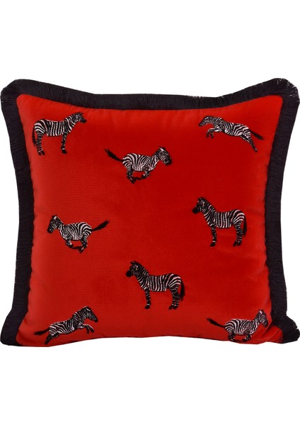 Zebra Desenli Dekoratif Yastık Kılıfı -Modern Kırmızı Kadife Kırlent