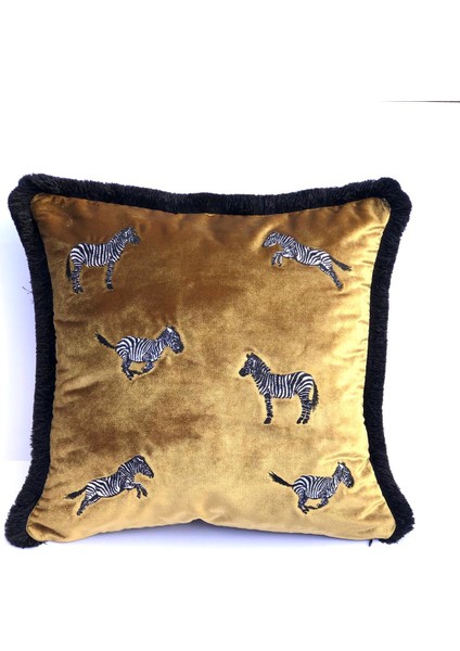 Zebra Desenli Dekoratif Yastık Kılıfı -Modern Gold Kadife Kırlent
