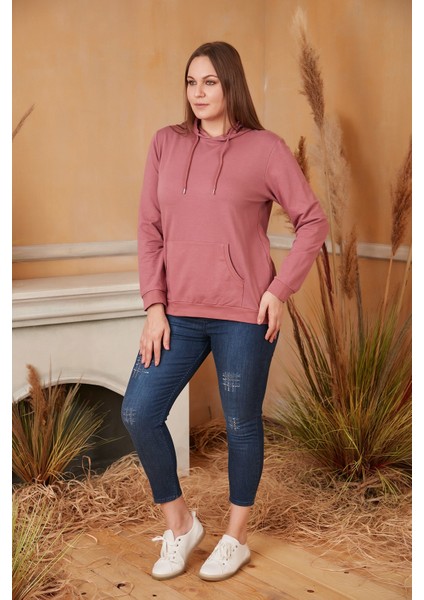 Kapşonlu Büyük Beden Gülkurusu Sweatshirt fırsatları