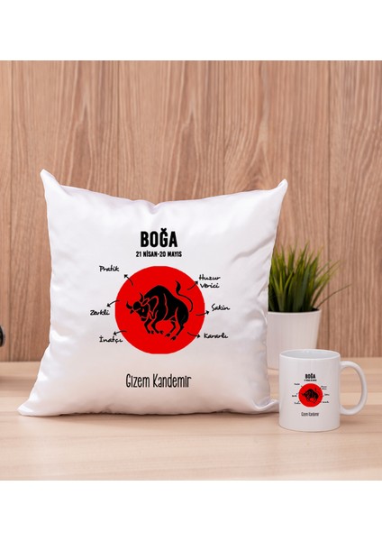 Kişiye Özel Boğa Burcuna Hediye Beyaz Kupa Bardak ve Kare Yastık