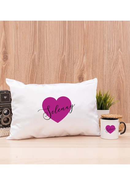 Kişiye Özel Mor Kalpli Isimli Siyah Kupa Bardak ve Dikdörtgen Yastık