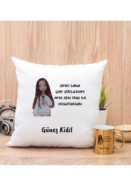 Kişiye Özel Sen Onu Da Soğutursun Esprili Gold Kupa Bardak ve Kare Yastık
