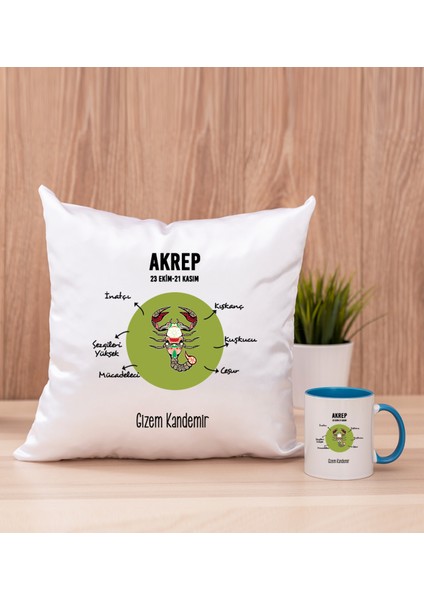 Kişiye Özel Akrep Burcuna Hediye Mavi Kupa Bardak ve Kare Yastık