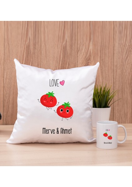 Kişiye Özel Sevimli Domatesler Beyaz Kupa Bardak ve Kare Yastık