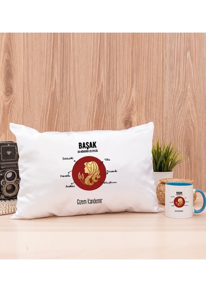 Kişiye Özel Başak Burcuna Hediye Mavi Kupa Bardak ve Dikdörtgen Yastık